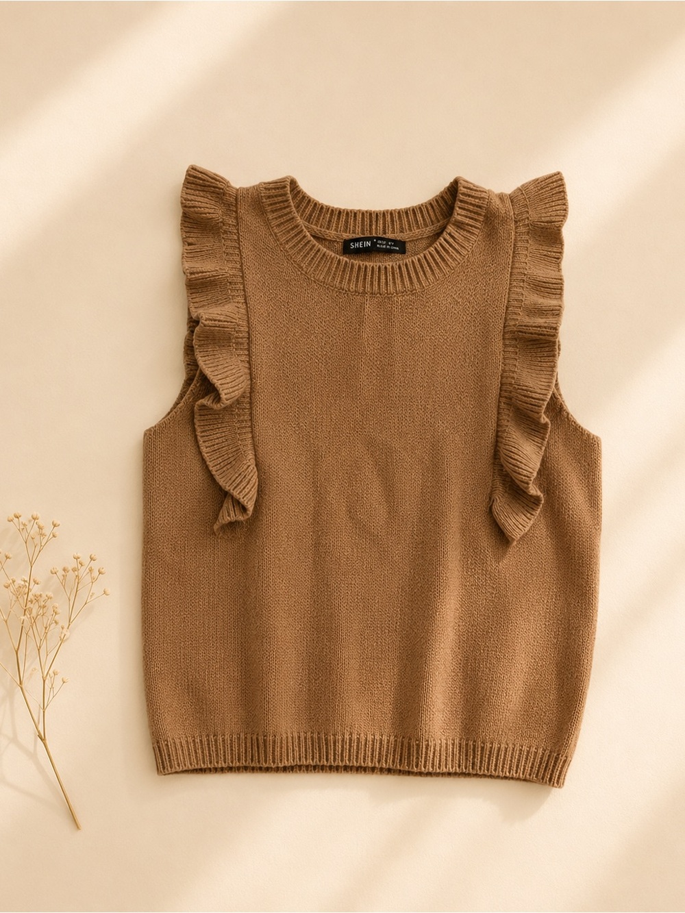 SHEIN Tan Ruffle Shoulder Knit Sweater Vest
